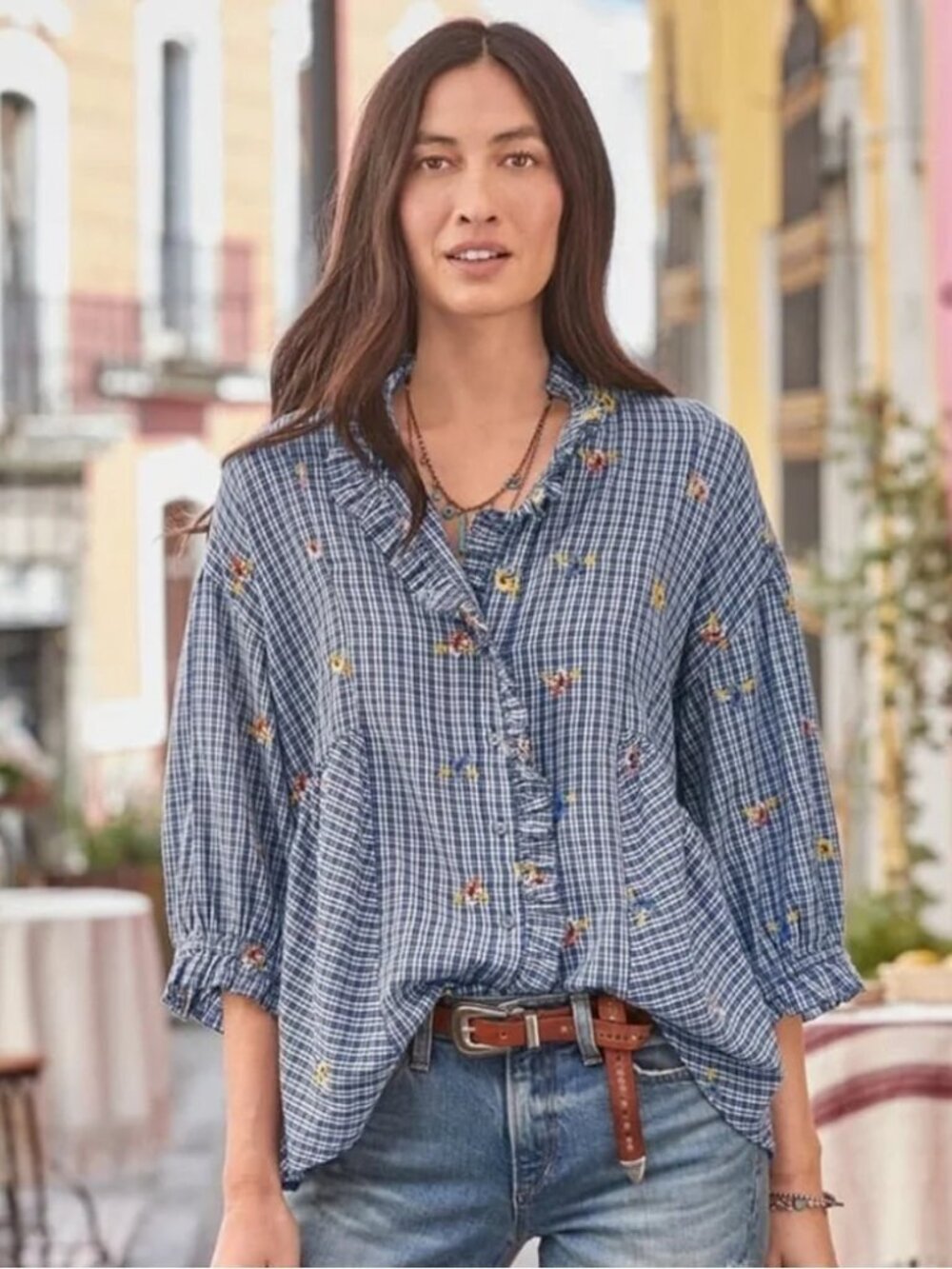 Sundance LARGE Seaside Gardens Navy Check Floral Ruffle Beach Cottagecore Blouse